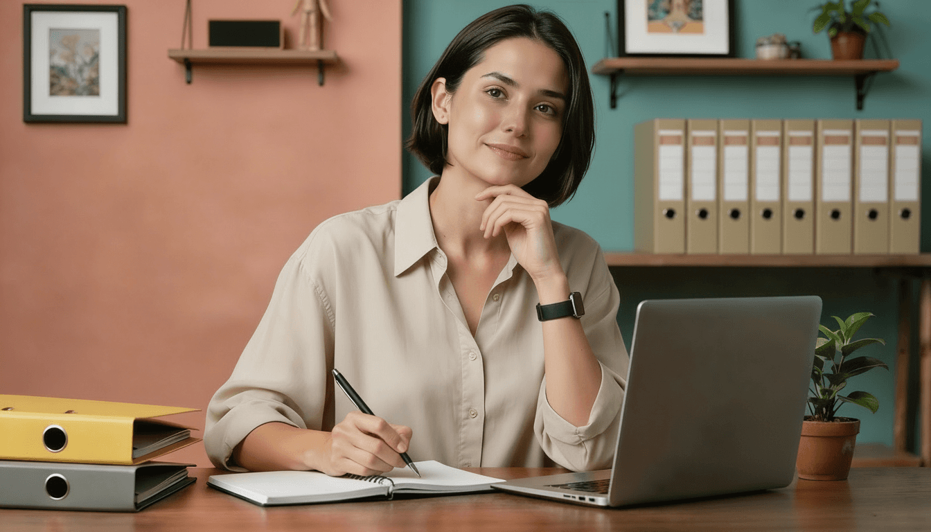 Formatrice au bureau, environnement professionnel et organisé pour préparer son audit Qualiopi